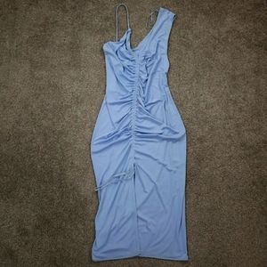 Zara Womens Runched Body Cone Midi Dress V Neck Sleeveless Light Blue - Lg